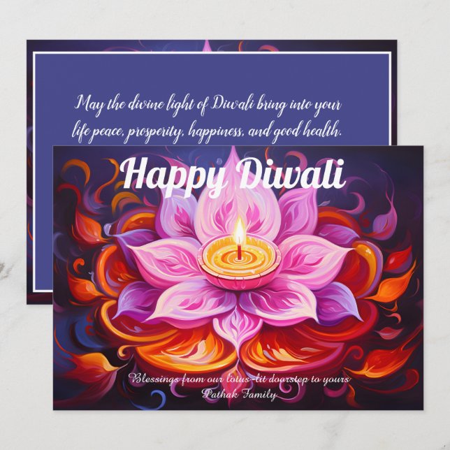 Lotus Lantern Light Diwali Card Inbjudningar (Fram/baksida)