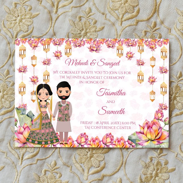 Lotus lanterns Indian bröllop mehndi sangeet Inbjudningar (Lotus lanterns Indian wedding mehndi sangeet Invitation editable template instant digital download)