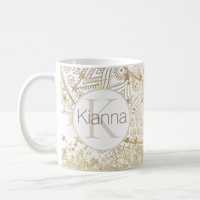 Lotus Mandala Guld Stars Glitter Personlig Kaffemugg (Vänster)