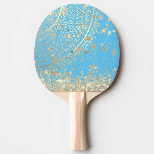 Lotus Mandala med Guld Stars Glitter på Blue Pingisracket (Framsidan)