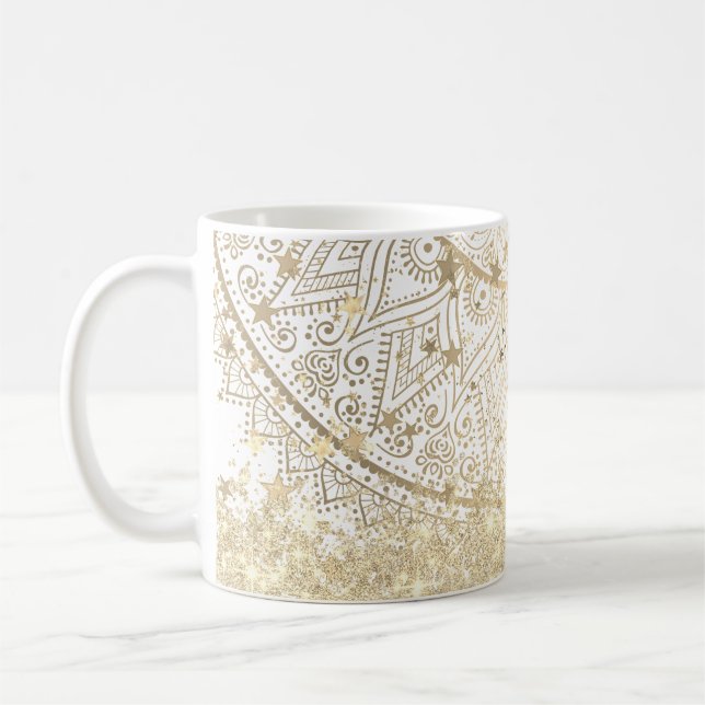 Lotus Mandala med Guld Stars Glitter på White Kaffemugg (Vänster)