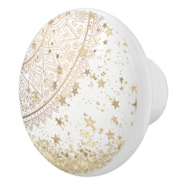 Lotus Mandala med Guld Stars on White Knopp