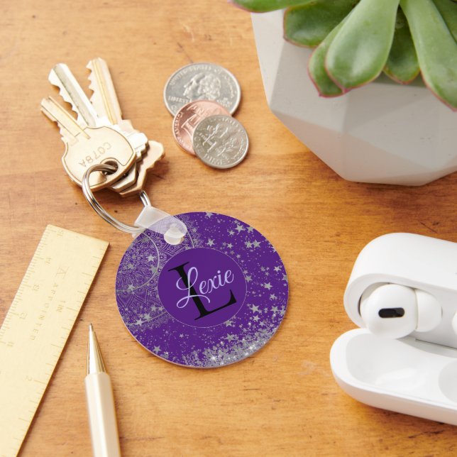 Lotus Mandala med Silver Stars på Lila Anpassnings Nyckelring (Skrivbord)