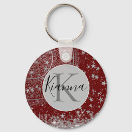 Lotus Mandala med Silver Stars på Red Personalize Nyckelring