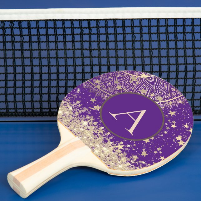 Lotus Mandala Monogram Guld Stars Glitter Pingisracket (Insitu)
