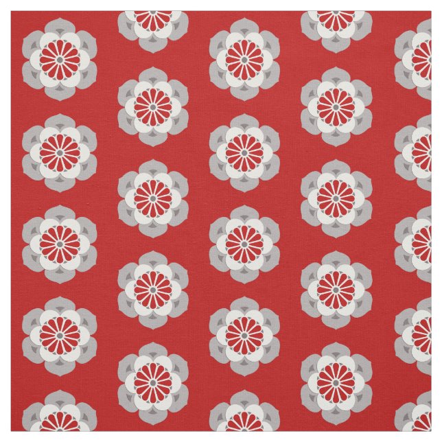 Lotus Mandala Print, Mörk Red, Grått and White Tyg (Provkarta)