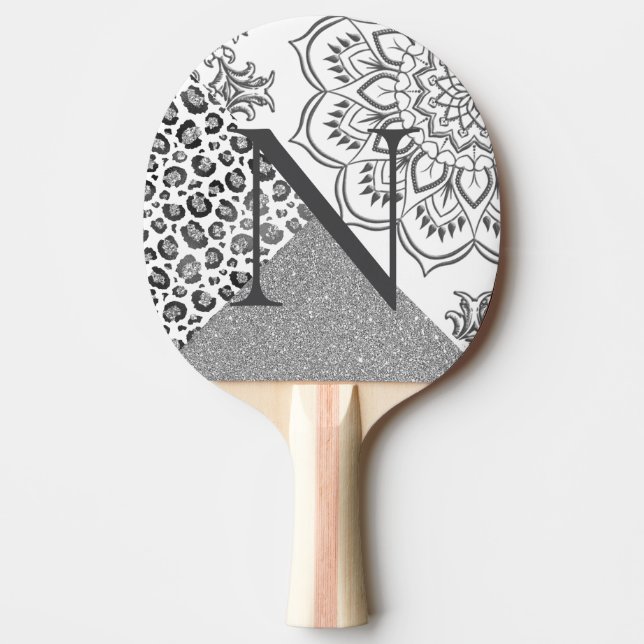 Lotus Mandala Silver Leopard Glitter Monogram Pingisracket (Framsidan)