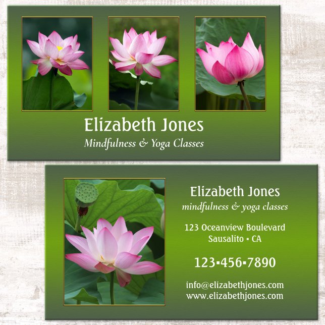 Lotus Mindfulness Yoga Your Photos Visitkort (Elegant green design business card with pink lotus flowers or custom photos - meditation - yoga)