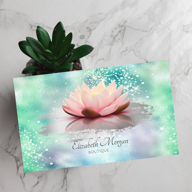 Lotus penseldrag diamanter grön holografisk visitkort (Skapare uppladdad)
