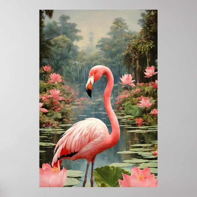 Lotus Pond Rosa Flamingo Vintage Poster (Framsidan)