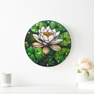 Lotus Pond Stached Glass Stor Klocka