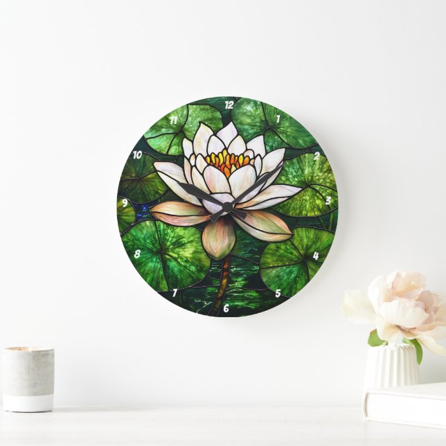 Lotus Pond Stached Glass Stor Klocka (Hem)