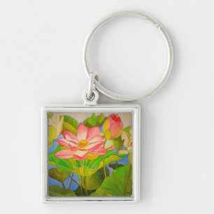 Lotus rosa vattenfärgsmålning fyrkantig silverfärgad nyckelring