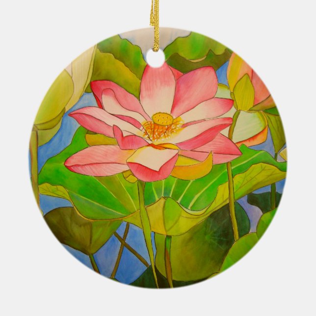 Lotus rosa vattenfärgsmålning julgransprydnad keramik (Baksidan)