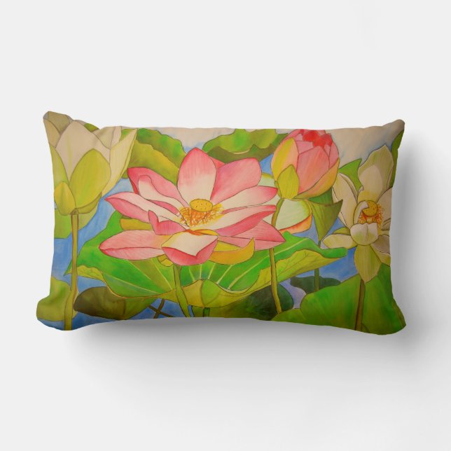 Lotus rosa vattenfärgsmålning lumbarkudde (Framsida)