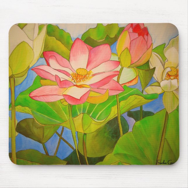 Lotus rosa vattenfärgsmålning musmatta (Framsidan)