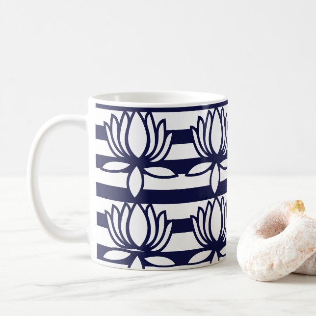 Lotusblomma Blommig Randig Mönster Kaffemugg (Med munk)