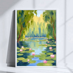 Lotusblomma Damm Grön Natur i Akvarell Poster