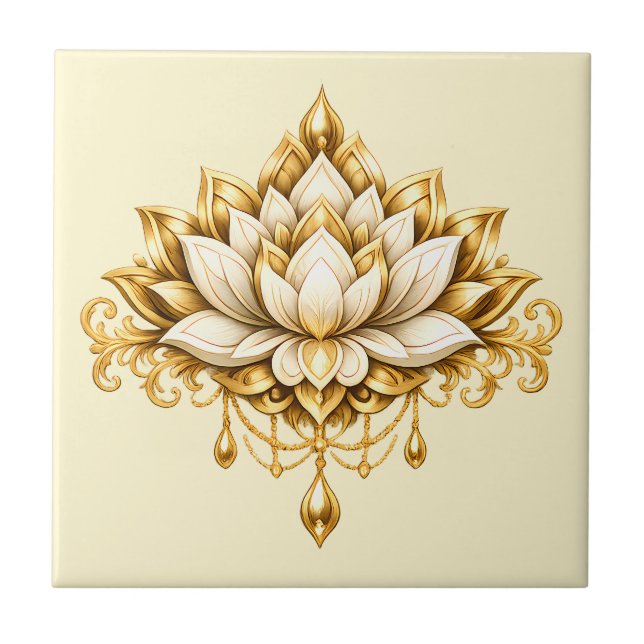 Lotusblomma elfenbensguld blom indian wall decor kakelplatta (Framsidan)