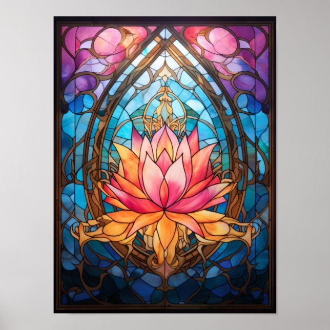 Lotusblomma Färgat Glasfönster Lugna Botanica Poster (Framsidan)