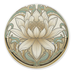 Lotusblomma Grön Kräm Guld Art Deco Nouveau Knopp
