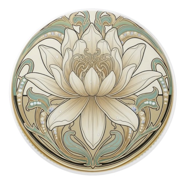 Lotusblomma Grön Kräm Guld Art Deco Nouveau Knopp (Framsidan)