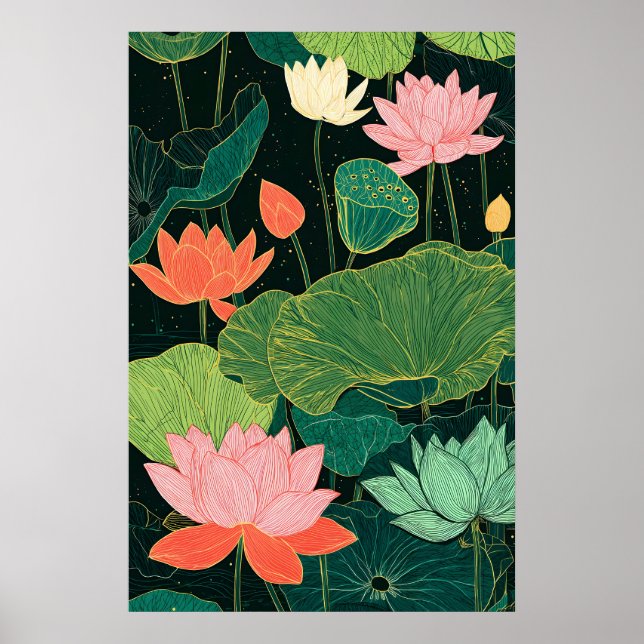 Lotusblomma Konsttryck Modern Linocut Botanisk Poster (Framsidan)
