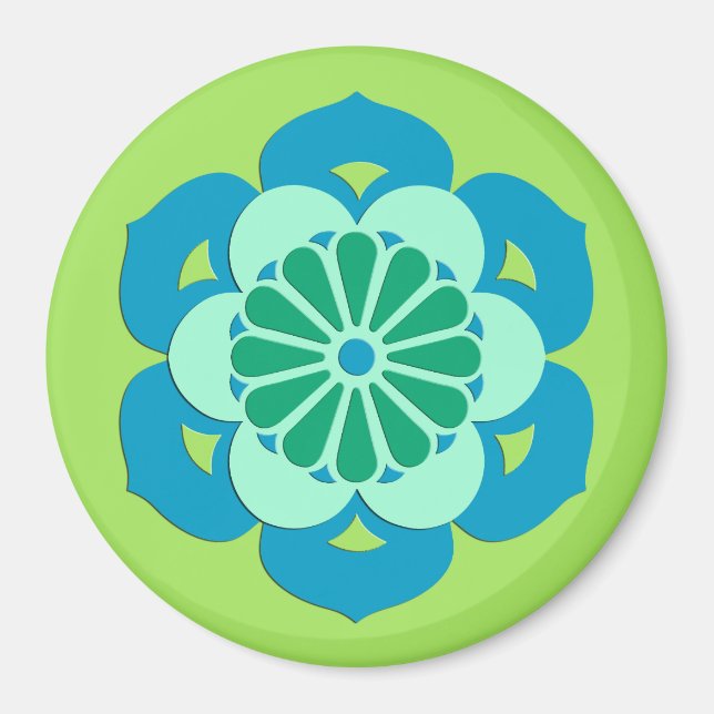Lotusblomma Mandala, Limegrön och Ljusblå Magnet (Framsidan)