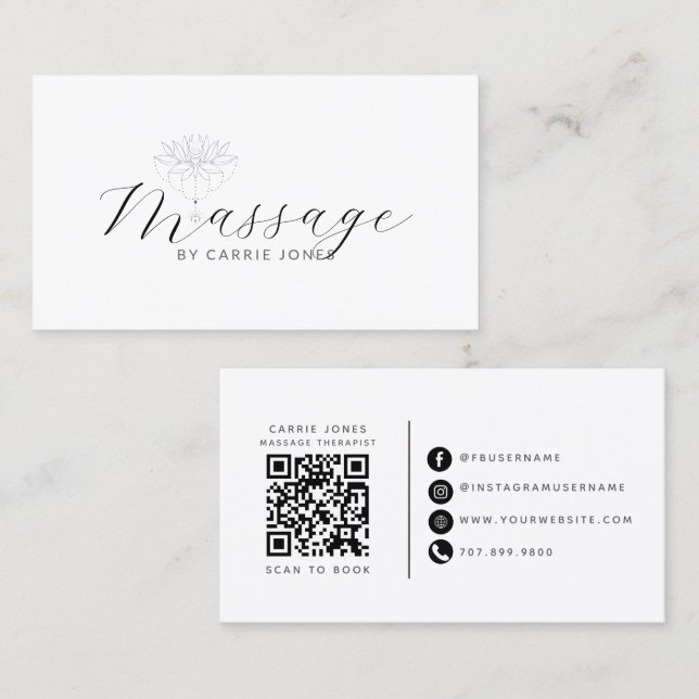 Lotusblomma Massage Terapeut QR-kod Visitkort (Fram/baksida)
