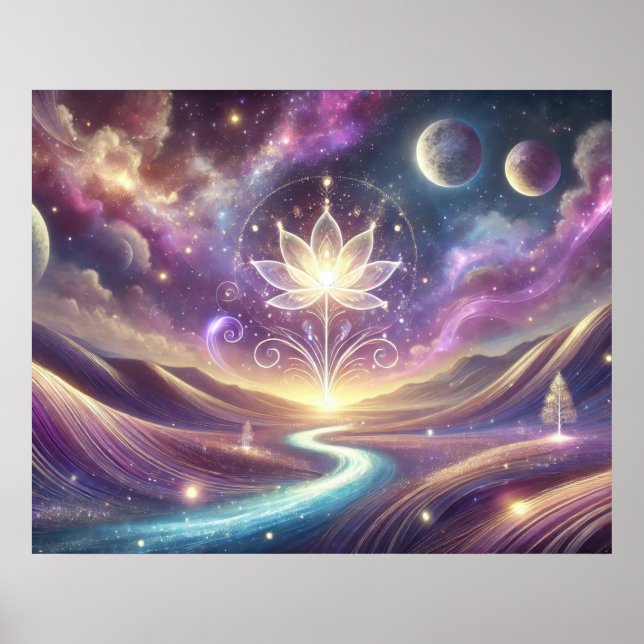 Lotusblomma med kosmisk himmel och flödande flod poster (Framsidan)