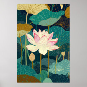 Lotusblomma Väggkonsttryck Botanisk Tealgrön Poster