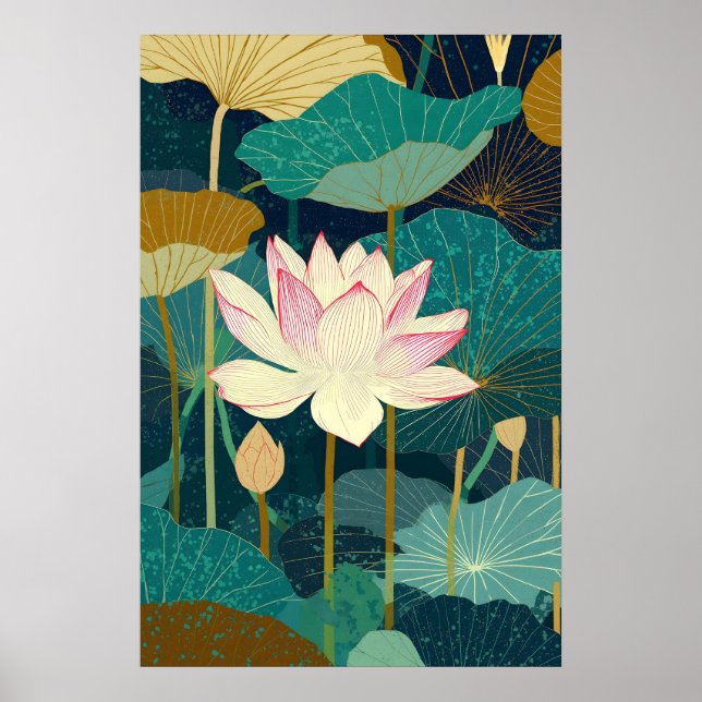 Lotusblomma Väggkonsttryck Botanisk Tealgrön Poster (Framsidan)