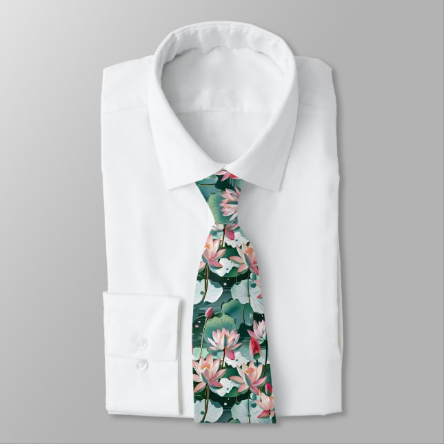 Lotusblommor & Näckrosblad Sömlöst Elegant Blommot Slips (Bunden)