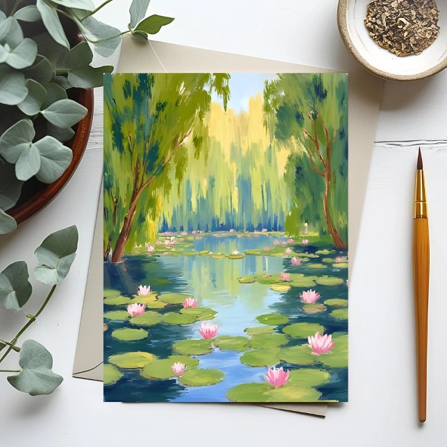 Lotusblompond | Grön Natur i Vattenfärg Vykort (Skapare uppladdad)