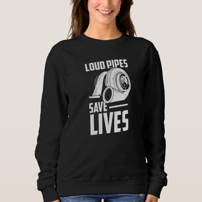 Loud Pipes Exhausts Save Lives Mechanic Car Garage T Shirt (Framsida)