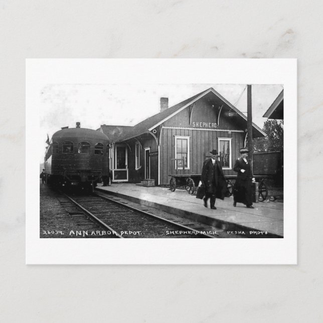 Louis Pesha Ann Arbor Railroad Depot Shepherd, MI Vykort (Framsida)