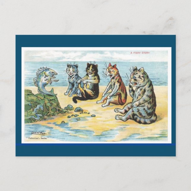 Louis Wain,A Fishy Story, Cat Art Postcard Vykort (Framsida)