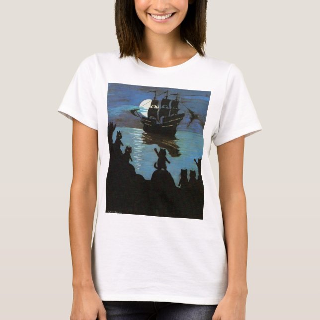 Louis Wain Cat Pirater Galleon i Måne Light T Shirt (Framsida)