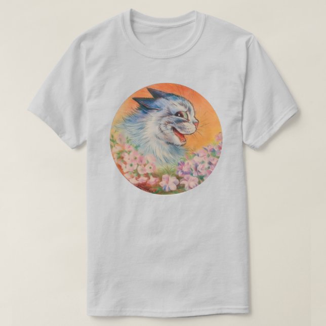 Louis Wain Laughing Blue Electric Cat in Flowers T Shirt (Design framsida)