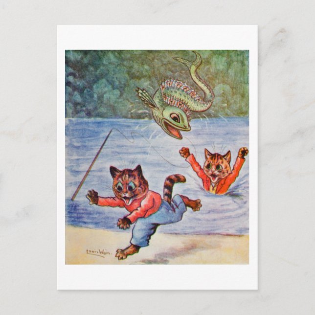 Louis Wain Tecknade Katter och de Flygande Flodfis Vykort (Framsida)