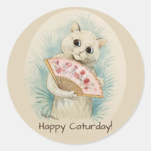 Louis Wain vitkatt med en fläkt CC0388 Runt Klistermärke