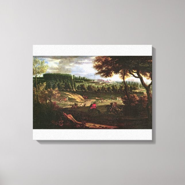 Louis XIV Hunting i Marly med en vy Canvastryck (Framsida)