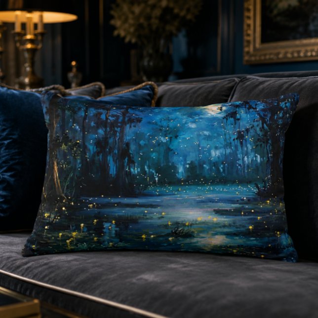 Louisiana Bayou 16x12 accentkudde Prydnadskudde (Louisiana Art | Swamp at Night Oil Painting | Nature | Glowing Fireflies Bayou Art (Digital Print))