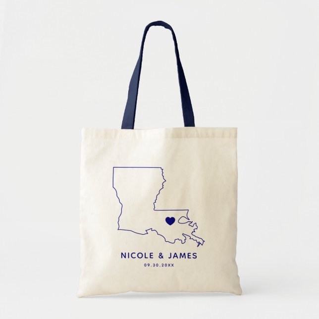 Louisiana Bröllop Welcome Bag Tote, marinblå Karta Tygkasse (Framsidan)