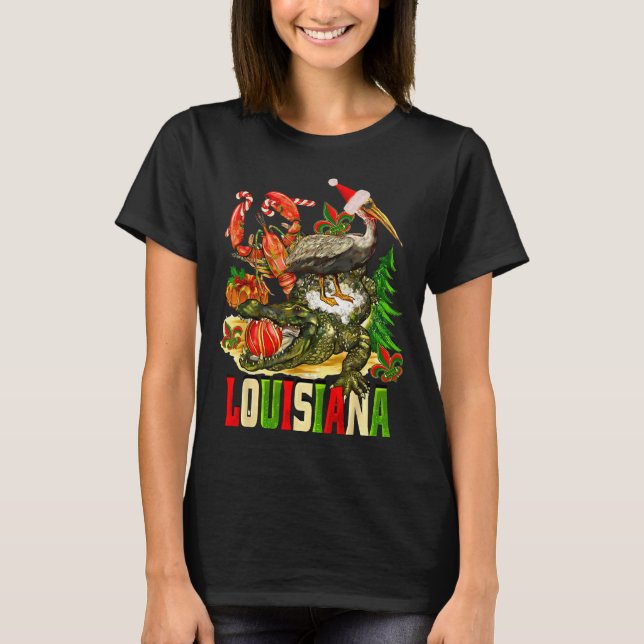 Louisiana Christmas Bayou Gator Santa Hat Holiday  T Shirt (Framsida)