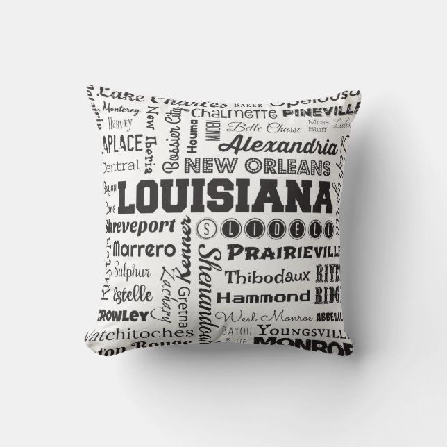 Louisiana Cities Typography-kudde i vitt Kudde (Framsida)