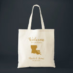 Louisiana Karta Destination Wedding Bag Tygkasse<br><div class="desc">Bröllop helg hälsar med tillfredsställelse presentsäcken för gäster från byn till bröllop,  med en bild av Louisiana,  med hjärta som du kan ha ställe på exakt plats. . Fyll i toa med dina favoritgodis.</div>