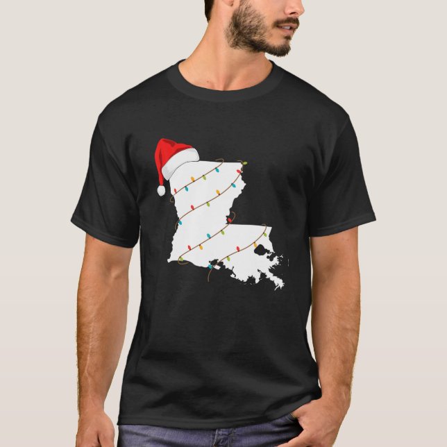 Louisiana Karta jul med Santa Hat Julafton Ljus T Shirt (Framsida)