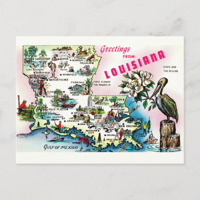 Louisiana karta Vintage vykort (Framsida)