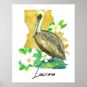 Louisiana Pelican Delstat Form Magnolia Blomma Poster